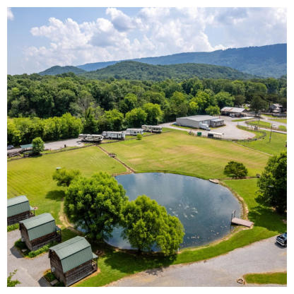 Aerial picture of the rv sites and cabins that you can rent here at Stay Wilder Campground