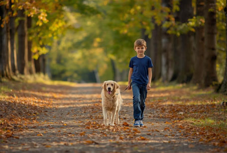 a boy walking a dog in our campground